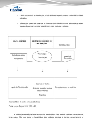 o

Centro processador de informações, o qual acumula, organiza, analisa e interpreta os dados
coletados;

o

Informações gerenciais para que os diversos níveis hierárquicos da administração sejam
capazes de planejar, controlar e decidir com maior eficiência e eficácia.

COLETA DE DADOS

CENTRO PROCESSADOR DE
INFORMAÇÕES
INFORMAÇÕES

Acumulação

Seleção de dados

Organização

Planejamento

Relatórios
Gerenciais

Análise

Treinamento

Interpretação

Organização

Sistemas de Custos
Apoio da Administração

Critérios, conceitos básicos

Em conjunto com os usuários

Procedimentos
Registros

A contabilidade de custos em suas três fases
Fonte: Leone, George S. G. 1991, p.21

A informação estratégica deve ser utilizada pela empresa para orientar a tomada de decisão de
longo prazo. “Ela pode conter a lucratividade dos produtos, serviços e clientes; comportamento e

 