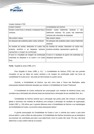 Custeio Variável x TOC
Custeio Variável

Contabilidade dos Ganhos

Existem custos fixos e variáveis e despesas fixas e Existem
variáveis

custos

totalmente

variáveis

e

não

totalmente variáveis. Os custos não totalmente
variáveis são chamados de despesas

Não existem rateios

Não existem rateios

Os estoques são avaliados pelos custos variáveis

Os estoques são avaliados pelos custos totalmente
variáveis

As receitas de vendas, deduzidos os custos dos As receitas de vendas, deduzidos os custos dos
produtos

vendidos

e

as

despesas

variáveis, produtos vendidos, representam o ganho (G)

representam a margem de contribuição
O lucro é o resultado da margem de contribuição O lucro é o resultado do ganho (G) subtraídas as
subtraídas as despesas e os custos e os custos despesas operacionais.
fixos.

Fonte: Dugdale & Jones (1996, p.41)
Para Dugdale & Jones (1996, p. 41), “ a Contabilidade de Ganhos (TOC) não traz grandes
inovações, já que as idéias de custos variáveis e de margem de contribuição estão nos livros de
contabilidade há muitos anos”. Isto pode ser demonstrado no quadro acima:

Contudo, a Contabilidade de Ganhos, que tem como base a Teoria das Restrições, adota
pressupostos bastante diferentes daqueles que norteiam a Contabilidade de Custos Tradicional.

A Contabilidade de Custos tradicional tem preocupação com medidas de eficiência locais, pois,
considera que a otimização das diversas áreas da empresa leva a otimização de seu resultado final. Já a

Contabilidade de Ganhos entende que a otimização das partes pode não conduzir a otimização
global e reconhece nas medidas de eficiência uma ameaça à otimização do resultado da organização.
Corbet (1997, p. 125) afirma que “a grande diferença entre a Contabilidade de Ganhos e as metodologias
da Contabilidade de Custos, se encontra nesse pressuposto básico”.

A grande preocupação da Contabilidade de Custos é com o controle dos custos e para tanto
procura definir o custo unitário de cada produto. A Contabilidade dos Ganhos reconhece que as restrições é
que precisam ser controladas pois elas é que determinam como os custos irão variar. Por isso, não tenta
determinar o custo unitário total de um produto.

 