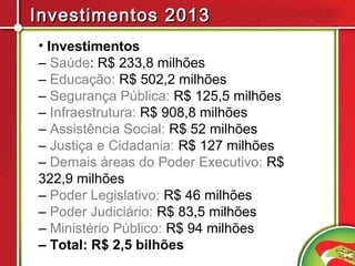 Investimentos 2013
• Investimentos
– Saúde: R$ 233,8 milhões
– Educação: R$ 502,2 milhões
– Segurança Pública: R$ 125,5 milhões
– Infraestrutura: R$ 908,8 milhões
– Assistência Social: R$ 52 milhões
– Justiça e Cidadania: R$ 127 milhões
– Demais áreas do Poder Executivo: R$
322,9 milhões
– Poder Legislativo: R$ 46 milhões
– Poder Judiciário: R$ 83,5 milhões
– Ministério Público: R$ 94 milhões
– Total: R$ 2,5 bilhões
 