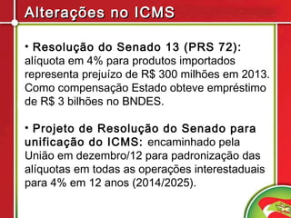 Alterações no ICMS

• Resolução do Senado 13 (PRS 72):
alíquota em 4% para produtos importados
representa prejuízo de R$ 300 milhões em 2013.
Como compensação Estado obteve empréstimo
de R$ 3 bilhões no BNDES.

• Projeto de Resolução do Senado para
unificação do ICMS: encaminhado pela
União em dezembro/12 para padronização das
alíquotas em todas as operações interestaduais
para 4% em 12 anos (2014/2025).
 