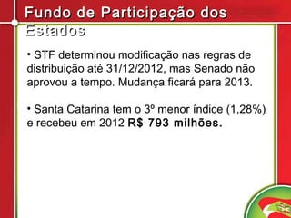 Fundo de Participação dos
Estados
• STF determinou modificação nas regras de
distribuição até 31/12/2012, mas Senado não
aprovou a tempo. Mudança ficará para 2013.

• Santa Catarina tem o 3º menor índice (1,28%)
e recebeu em 2012 R$ 793 milhões.
 