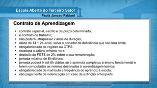 Escola Aberta do Terceiro Setor
                  Paula Jancso Fabiani

Contrato de Aprendizagem
 contrato especial, escrito e de prazo determinado;
 é contrato de trabalho;
 não poderá ultrapassar 2 anos de duração;
 idade de 14 ~ 24 anos, salvo o portador de deficiência que não terá limite;
 obrigatoriedade de registro na CTPS;
 receberá o salário mínimo hora;
 depósito do FGTS de 2% sobre a sua remuneração;
 jornada máxima de 6h diárias;
 jornada poderá ir até 8h diárias se o aprendiz completou o ensino fundamental e
  forem computadas as normas destinadas à aprendizagem teórica;
 obrigatoriedade de matrícula e frequência do aprendiz à escola;
 não pagamento de indenização em caso de extinção antecipada.
 