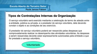 Escola Aberta do Terceiro Setor
                Paula Jancso Fabiani


Tipos de Contratações Internas da Organização
O serviço voluntário será exercido mediante a celebração de termo de adesão entre
a entidade, pública ou privada, e o prestador do serviço voluntário, dele devendo
constar o objeto e as condições de seu exercício.

O prestador do serviço voluntário poderá ser ressarcido pelas despesas que
comprovadamente realizar no desempenho das atividades voluntárias. As despesas
a serem ressarcidas deverão estar expressamente autorizadas pela entidade a que
for prestado o serviço voluntário.


                 Voluntariado
 