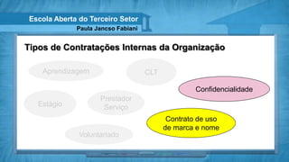 Escola Aberta do Terceiro Setor
              Paula Jancso Fabiani


Tipos de Contratações Internas da Organização

    Aprendizagem                     CLT

                                                    Confidencialidade
                     Prestador
   Estágio            Serviço
                                            Contrato de uso
                                           de marca e nome
               Voluntariado
 