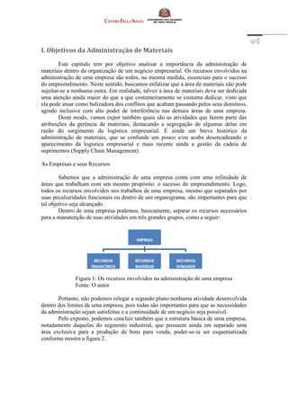 I. Objetivos da Administração de Materiais
Este capítulo tem por objetivo analisar a importância da administração de
materiais dentro da organização de um negócio empresarial. Os recursos envolvidos na
administração de uma empresa são todos, na mesma medida, essenciais para o sucesso
do empreendimento. Neste sentido, buscamos enfatizar que a área de materiais não pode
sujeitar-se a nenhuma outra. Em realidade, talvez à área de materiais deva ser dedicada
uma atenção ainda maior do que a que costumeiramente se costuma dedicar, visto que
ela pode atuar como balizadora dos conflitos que acabam passando pelos seus domínios,
agindo inclusive com alto poder de interferência nas demais áreas de uma empresa.
Deste modo, vamos expor também quais são as atividades que fazem parte das
atribuições da gerência de materiais, destacando a segregação de algumas delas em
razão do surgimento da logística empresarial. E ainda um breve histórico da
administração de materiais, que se confunde um pouco e/ou acaba desencadeando o
aparecimento da logística empresarial e mais recente ainda a gestão da cadeia de
suprimentos (Supply Chain Management).
As Empresas e seus Recursos
Sabemos que a administração de uma empresa conta com uma infinidade de
áreas que trabalham com um mesmo propósito: o sucesso do empreendimento. Logo,
todos os recursos envolvidos nos trabalhos de uma empresa, mesmo que separados por
suas peculiaridades funcionais ou dentro de um organograma, são importantes para que
tal objetivo seja alcançado.
Dentro de uma empresa podemos, basicamente, separar os recursos necessários
para a manutenção de suas atividades em três grandes grupos, como a seguir:
Figura 1: Os recursos envolvidos na administração de uma empresa
Fonte: O autor
Portanto, não podemos relegar a segundo plano nenhuma atividade desenvolvida
dentro dos limites de uma empresa, pois todas são importantes para que as necessidades
da administração sejam satisfeitas e a continuidade de um negócio seja possível.
Pelo exposto, podemos concluir também que a estrutura básica de uma empresa,
notadamente daquelas do segmento industrial, que possuem ainda em separado uma
área exclusiva para a produção de bens para venda, poder-se-ia ser esquematizada
conforme mostra a figura 2.
 