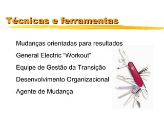 Técnicas e ferramentasTécnicas e ferramentas
Mudanças orientadas para resultados
General Electric “Workout”
Equipe de Gestão da Transição
Desenvolvimento Organizacional
Agente de Mudança
 