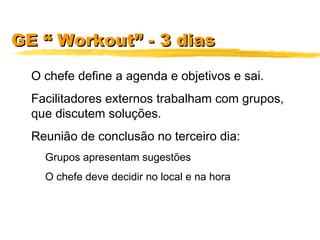 GE “ Workout” - 3 diasGE “ Workout” - 3 dias
O chefe define a agenda e objetivos e sai.
Facilitadores externos trabalham com grupos,
que discutem soluções.
Reunião de conclusão no terceiro dia:
Grupos apresentam sugestões
O chefe deve decidir no local e na hora
 