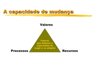 A capacidade de mudançaA capacidade de mudança
Fatores
que definem a
capacidade de
reagir e se adaptar
Valores
RecursosProcessos
 