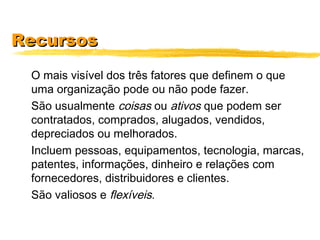 RecursosRecursos
O mais visível dos três fatores que definem o que
uma organização pode ou não pode fazer.
São usualmente coisas ou ativos que podem ser
contratados, comprados, alugados, vendidos,
depreciados ou melhorados.
Incluem pessoas, equipamentos, tecnologia, marcas,
patentes, informações, dinheiro e relações com
fornecedores, distribuidores e clientes.
São valiosos e flexíveis.
 