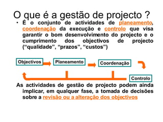 O que é a gestão de projecto ? É o conjunto de actividades de  planeamento ,  coordenação  da execução e  controlo  que visa garantir o bom desenvolvimento do projecto e o cumprimento dos objectivos de projecto (“qualidade”, “prazos”, “custos”) As actividades de gestão de projecto podem ainda implicar, em qualquer fase, a tomada de decisões sobre a  revisão ou a alteração dos objectivos Objectivos Planeamento Coordenação Controlo 