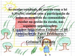 As escolas estaduais, de acordo com a lei 9.394/96, contam com a participação de todos os membros da comunidade escolar na gestão da escola, nas seguintes organizações:  Conselhos Deliberativos Escolares – CDE Associações de Pais e Professores – APP Grêmios Estudantis 