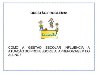 COMO A GESTÃO ESCOLAR INFLUENCIA A ATUAÇÃO DO PROFESSOR E A  APRENDIZAGEM DO ALUNO? QUESTÃO-PROBLEMA: 