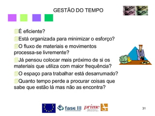 GESTÃO DO TEMPO É eficiente? Está organizada para minimizar o esforço? O fluxo de materiais e movimentos processa-se livremente? Já pensou colocar mais próximo de si os materiais que utiliza com maior frequência? O espaço para trabalhar está desarrumado? Quanto tempo perde a procurar coisas que sabe que estão lá mas não as encontra? 