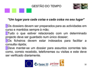 GESTÃO DO TEMPO “ Um lugar para cada coisa e cada coisa no seu lugar” Os dossiers devem ser preparados para as actividades em curso e mantidos sempre à mão; Tudo o que estiver relacionado com um determinado projecto deve ser guardado num único dossier; Os ficheiros devem estar indexados para facilitar a consulta rápida; Deve manter-se um dossier para assuntos correntes tais como, correio recebido, telefonemas ou visitas e este deve ser verificado diariamente.   