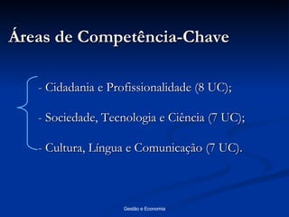 - Cidadania e Profissionalidade (8 UC); - Sociedade, Tecnologia e Ciência (7 UC); - Cultura, Língua e Comunicação (7 UC). Áreas de Competência-Chave 