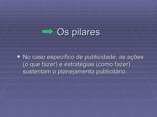 Os pilares No caso específico de publicidade, as ações (o que fazer) e estratégias (como fazer) sustentam o planejamento publicitário. 