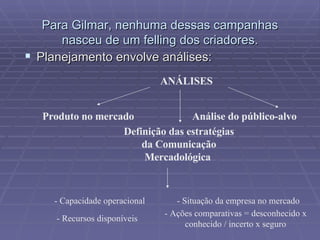 Para Gilmar, nenhuma dessas campanhas nasceu de um felling dos criadores. Planejamento envolve análises: ANÁLISES Produto no mercado Definição das estratégias da Comunicação Mercadológica  Análise do público-alvo - Ações comparativas = desconhecido x conhecido / incerto x seguro - Capacidade operacional  - Recursos disponíveis  - Situação da empresa no mercado  