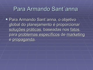 Para Armando Sant´anna  Para Armando Sant´anna, o objetivo global do planejamento é proporcionar  soluções práticas , baseadas nos  fatos , para  problemas específicos  de  marketing  e  propaganda .  