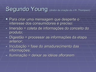 Segundo Young  (diretor de cria ção da J.W. Thompson)   Para criar uma mensagem que desperte o interesse dos consumidores  é preciso: Imers ão = coleta de informações do conceito do produto; Digest ão = processar as informações da etapa anterior; Incubação = fase do amadurecimento das informações; Ilumina ção = deixar as idéias aflorarem 