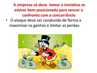 A empresa só deve  tomar a iniciativa se estiver bem posicionada para vencer o confronto com a concorrência O ataque deve ser conduzido de forma a maximizar os ganhos e limitar as perdas: