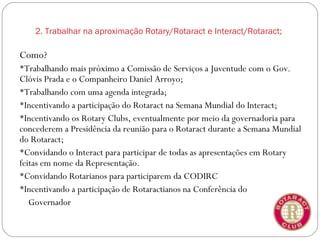 2. Trabalhar na aproximação Rotary/Rotaract e Interact/Rotaract;

Como?
Trabalhando mais próximo a Comissão de Serviços a Juventude com o Gov.
Clóvis Prada e o Companheiro Daniel Arroyo;
Trabalhando com uma agenda integrada;
Incentivando a participação do Rotaract na Semana Mundial do Interact;
Incentivando os Rotary Clubs, eventualmente por meio da governadoria para
concederem a Presidência da reunião para o Rotaract durante a Semana Mundial
do Rotaract;
Convidando o Interact para participar de todas as apresentações em Rotary
feitas em nome da Representação.
Convidando Rotarianos para participarem da CODIRC
Incentivando a participação de Rotaractianos na Conferência do
   Governador
 