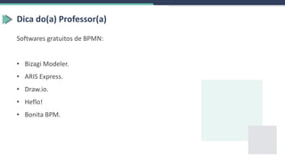 Dica do(a) Professor(a)
Softwares gratuitos de BPMN:
• Bizagi Modeler.
• ARIS Express.
• Draw.io.
• Heflo!
• Bonita BPM.
 