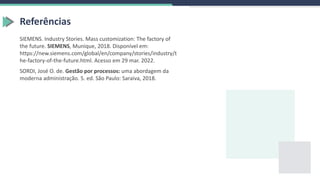 Referências
SIEMENS. Industry Stories. Mass customization: The factory of
the future. SIEMENS, Munique, 2018. Disponível em:
https://new.siemens.com/global/en/company/stories/industry/t
he-factory-of-the-future.html. Acesso em 29 mar. 2022.
SORDI, José O. de. Gestão por processos: uma abordagem da
moderna administração. 5. ed. São Paulo: Saraiva, 2018.
 