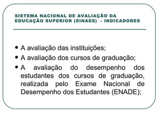 SISTEMA NACIONAL DE AVALIAÇÃO DA EDUCAÇÃO SUPERIOR (SINAES)  - INDICADORES A avaliação das instituições; A avaliação dos cursos de graduação; A avaliação do desempenho dos estudantes dos cursos de graduação, realizada pelo Exame Nacional de Desempenho dos Estudantes (ENADE); 