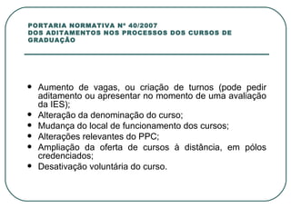 PORTARIA NORMATIVA Nº 40/2007 DOS ADITAMENTOS NOS PROCESSOS DOS CURSOS DE GRADUAÇÃO Aumento de vagas, ou criação de turnos (pode pedir aditamento ou apresentar no momento de uma avaliação da IES); Alteração da denominação do curso; Mudança do local de funcionamento dos cursos; Alterações relevantes do PPC; Ampliação da oferta de cursos à distância, em pólos credenciados; Desativação voluntária do curso. 