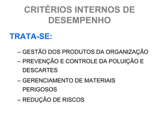 CRITÉRIOS INTERNOS DE
        DESEMPENHO
TRATA-SE:
 – GESTÃO DOS PRODUTOS DA ORGANIZAÇÃO
 – PREVENÇÃO E CONTROLE DA POLUIÇÃO E
  DESCARTES
 – GERENCIAMENTO DE MATERIAIS
  PERIGOSOS
 – REDUÇÃO DE RISCOS
 