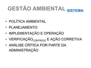 GESTÃO AMBIENTAL SISTEMA

• POLÍTICA AMBIENTAL
• PLANEJAMENTO
• IMPLEMENTAÇÃO E OPERAÇÃO
• VERIFICAÇÃOCONTROLE E AÇÃO CORRETIVA
• ANÁLISE CRÍTICA POR PARTE DA
  ADMINISTRAÇÃO
 