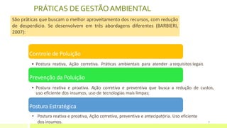 PRÁTICAS DEGESTÃOAMBIENTAL
São práticas que buscam o melhor aproveitamento dos recursos, com redução
de desperdício. Se desenvolvem em três abordagens diferentes (BARBIERI,
2007):
9
Controle de Poluição
• Postura reativa, Ação corretiva. Práticas ambientais para atender a requisitos legais
Prevenção da Poluição
• Postura reativa e proativa. Ação corretiva e preventiva que busca a redução de custos,
uso eficiente dos insumos, uso de tecnologias mais limpas;
Postura Estratégica
• Postura reativa e proativa, Ação corretiva, preventiva e antecipatória. Uso eficiente
dos insumos.
 