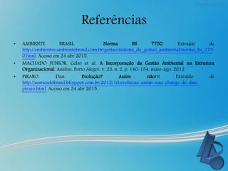 Referências
• AMBIENTE BRASIL. Norma BS 7750. Extraído de
http://ambientes.ambientebrasil.com.br/gestao/sistema_de_gestao_ambiental/norma_bs_775
0.html. Acesso em 24 abr 2015.
• MACHADO JÚNIOR, Celso et al. A Incorporação da Gestão Ambiental na Estrutura
Organizacional. Análise, Porto Alegre, v. 23, n. 2, p. 140-154, maio-ago. 2012.
• PIRARO, Dan. Evolução? Assim não!!! Extraído de
http://sosriosdobrasil.blogspot.com.br/2012/10/evolucao-assim-nao-charge-de-dan-
piraro.html. Acesso em 24 abr 2015.
 