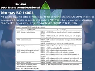 Normas ISO 14001
No quadro seguinte estão apresentadas todas as normas da série ISO 14001 traduzidas
pelo comitê brasileiro de gestão ambiental, o ABNT/CB-38, até o momento, utilizando
como fontes Lemos (2004) e o sítio do ABNT/CB-38 (ABNT/CB-38, 2006).
5
 