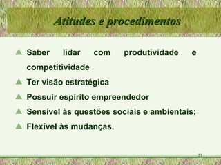 Saber lidar com produtividade e  competitividade Ter visão estratégica Possuir espírito empreendedor Sensível às questões sociais e ambientais; Flexível às mudanças. Atitudes e procedimentos 