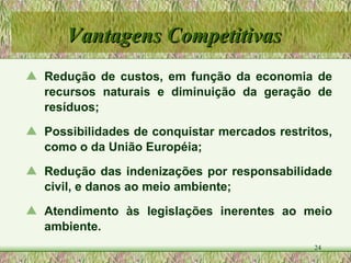Vantagens Competitivas Redução de custos, em função da economia de recursos naturais e diminuição da geração de resíduos; Possibilidades de conquistar mercados restritos, como o da União Européia; Redução das indenizações por responsabilidade civil, e danos ao meio ambiente; Atendimento às legislações inerentes ao meio ambiente. 