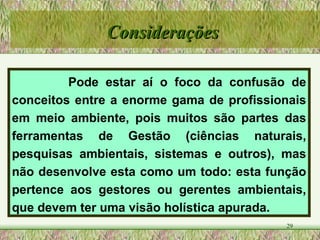 Pode estar aí o foco da confusão de conceitos entre a enorme gama de profissionais em meio ambiente, pois muitos são partes das ferramentas de Gestão (ciências naturais, pesquisas ambientais, sistemas e outros), mas não desenvolve esta como um todo: esta função pertence aos gestores ou gerentes ambientais, que devem ter uma visão holística apurada.  Considerações 