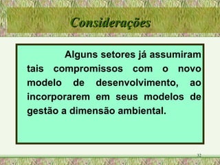 Considerações Alguns setores já assumiram tais compromissos com o novo modelo de desenvolvimento, ao incorporarem em seus modelos de gestão a dimensão ambiental. 