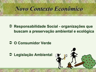 Novo Contexto Econômico Responsabilidade Social - organizações que buscam a preservação ambiental e ecológica O Consumidor Verde Legislação Ambiental 