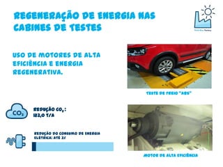 Regeneração de Energia nas
Cabines de Testes

Uso de motores de alta
eficiência e energia
regenerativa.

                                      Teste de Freio “ABS”


     Redução CO2 :
     123,0 t/a


     Redução do Consumo de Energia
     Elétrica: até 3%



                                     Motor de Alta Eficiência
 