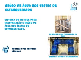 Reúso de Água nos Testes de
Estanqueidade

Sistema de filtros para
recuperação e reúso de
água nos testes de
estanqueidade.
                             Sistema de Filtro para Reciclo da
                                            Água




     Proteção dos Recursos
     Hídricos

                             Cabines de Testes de Estanqueidade
 