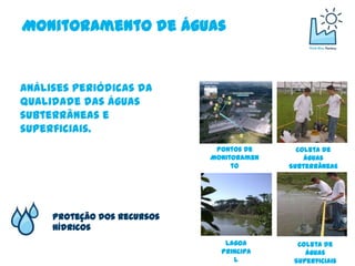 Monitoramento de Águas


Análises periódicas da
qualidade das águas
subterrâneas e
superficiais.
                              Pontos de      Coleta de
                             Monitoramen       Águas
                                  to       Subterrâneas




     Proteção dos Recursos
     Hídricos
                                Lagoa        Coleta de
                               Principa        Águas
                                  l         Superficiais
 