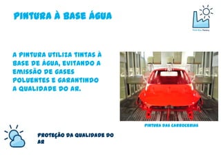 Pintura à Base Água


A pintura utiliza tintas à
base de água, evitando a
emissão de gases
poluentes e garantindo
a qualidade do ar.




                                  Pintura das Carrocerias

       Proteção da Qualidade do
       Ar
 