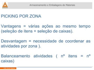 Armazenamento e Embalagens de Materiais Helio Souto Dapena PICKING POR ZONA Vantagens = várias ações ao mesmo tempo (seleção de itens + seleção de caixas). Desvantagem = necessidade de coordenar as atividades por zona ). Balanceamento atividades ( nº itens = nº caixas) 
