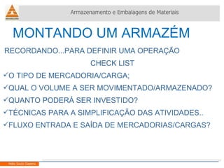 Armazenamento e Embalagens de Materiais Helio Souto Dapena MONTANDO UM ARMAZÉM RECORDANDO...PARA DEFINIR UMA OPERAÇÃO  CHECK LIST O TIPO DE MERCADORIA/CARGA; QUAL O VOLUME A SER MOVIMENTADO/ARMAZENADO? QUANTO PODERÁ SER INVESTIDO? TÉCNICAS PARA A SIMPLIFICAÇÃO DAS ATIVIDADES.. FLUXO ENTRADA E SAÍDA DE MERCADORIAS/CARGAS? 