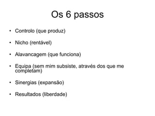 Os 6 passos Controlo (que produz) Nicho (rentável) Alavancagem (que funciona) Equipa (sem mim subsiste, através dos que me completam) Sinergias (expansão) Resultados (liberdade) 