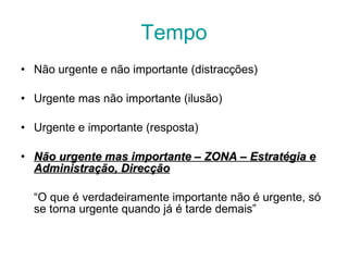 Tempo Não urgente e não importante (distracções) Urgente mas não importante (ilusão) Urgente e importante (resposta) Não urgente mas importante – ZONA – Estratégia e Administração, Direcção “ O que é verdadeiramente importante não é urgente, só se torna urgente quando já é tarde demais” 