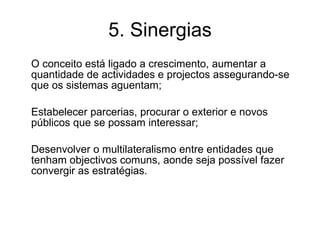 5. Sinergias O conceito está ligado a crescimento, aumentar a quantidade de actividades e projectos assegurando-se que os sistemas aguentam; Estabelecer parcerias, procurar o exterior e novos públicos que se possam interessar; Desenvolver o multilateralismo entre entidades que tenham objectivos comuns, aonde seja possível fazer convergir as estratégias. 