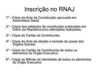 Inscrição no RNAJ 1º - Cópia da Acta da Constituição aprovada em Assembleia Geral; 2º - Cópia dos estatutos de constituição publicados em Diário da República e/ou alterações realizadas; 3º - Cópia do Cartão de Contribuinte; 4º - Cópia da Acta de eleição e tomada de posse dos Órgãos Sociais; 5º - Cópia do Cartão de Contribuinte de todos os elementos do Órgão Executivo; 6º - Cópia do Bilhete de Identidade de todos os elementos do Órgão Executivo 