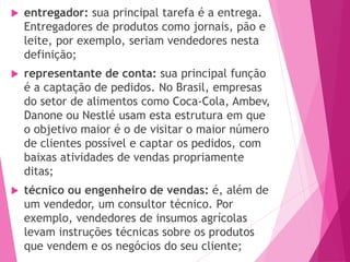 entregador: sua principal tarefa é a entrega.
Entregadores de produtos como jornais, pão e
leite, por exemplo, seriam vendedores nesta
definição;
 representante de conta: sua principal função
é a captação de pedidos. No Brasil, empresas
do setor de alimentos como Coca-Cola, Ambev,
Danone ou Nestlé usam esta estrutura em que
o objetivo maior é o de visitar o maior número
de clientes possível e captar os pedidos, com
baixas atividades de vendas propriamente
ditas;
 técnico ou engenheiro de vendas: é, além de
um vendedor, um consultor técnico. Por
exemplo, vendedores de insumos agrícolas
levam instruções técnicas sobre os produtos
que vendem e os negócios do seu cliente;
 